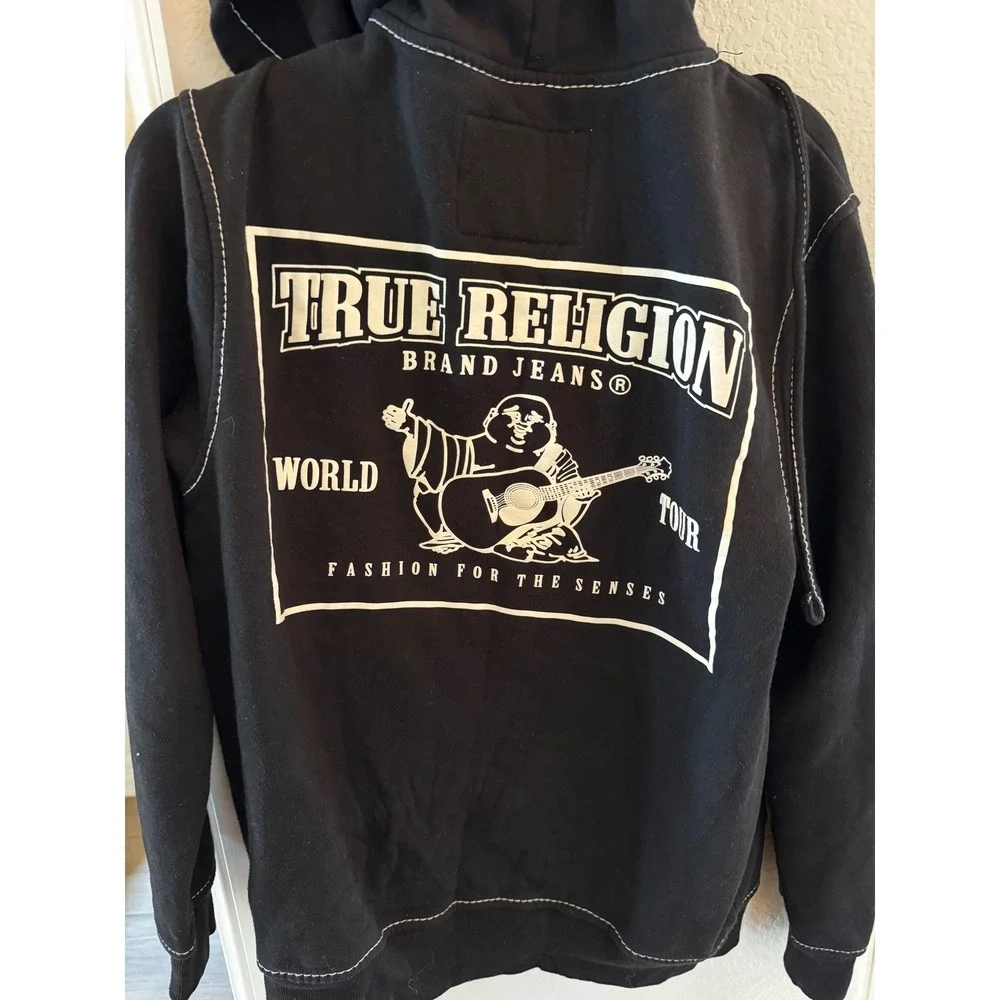 True Religion World Tour Zip Up Hoodie Black Contrast Stitch Buddha Mens Medium